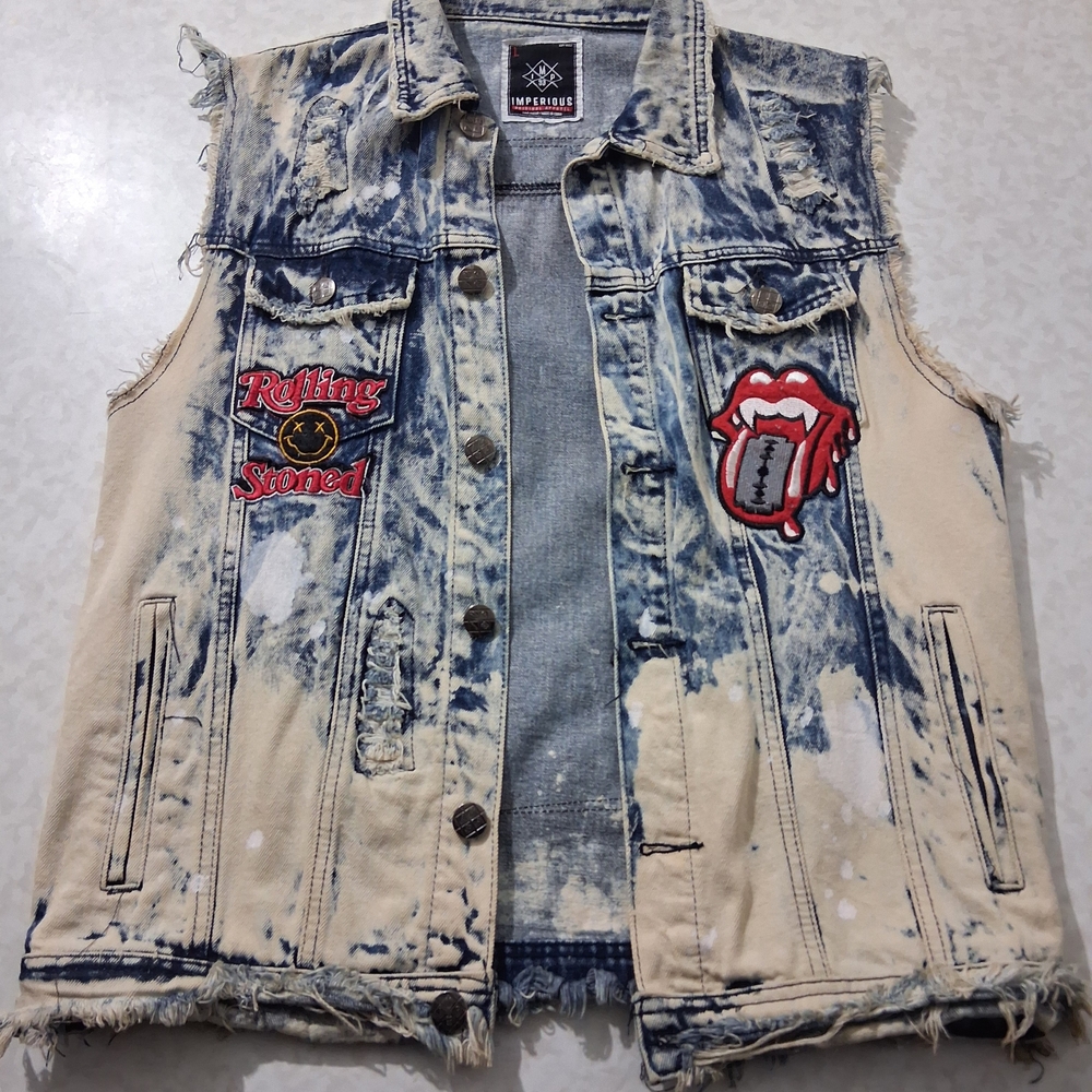 Imposed Denim Vest with Patches - Blue and Cream